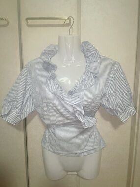 Blue and White Striped Ruffle Wrap Blouse